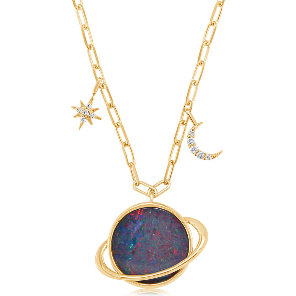 14Kt Yellow Gold Australian Opal Doublet and Natural Diamond Star and Moon Saturn Pendant