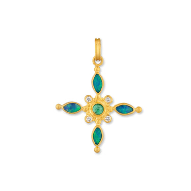 Lika Behar 24Kt Gold "Oceana" Opal Cross Pendant with Cabochon Emerald Center and Diamonds