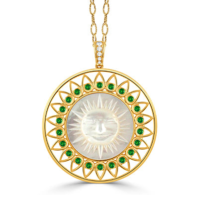 Doves Happy Sun 34mm 18Kt Yellow Gold Pendant with Tsavorite and Mother of Pearl