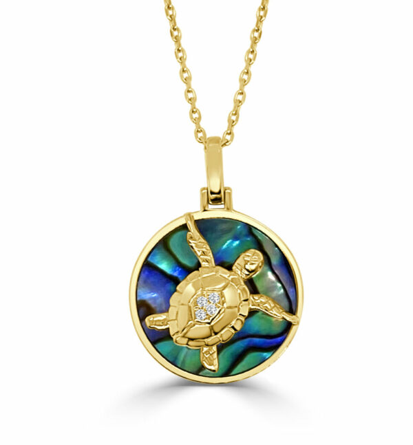 Frederic Sage 14Kt Yellow Gold 16.5mm Turtle Natural Diamond Back on Abalone "Happy" Pendant