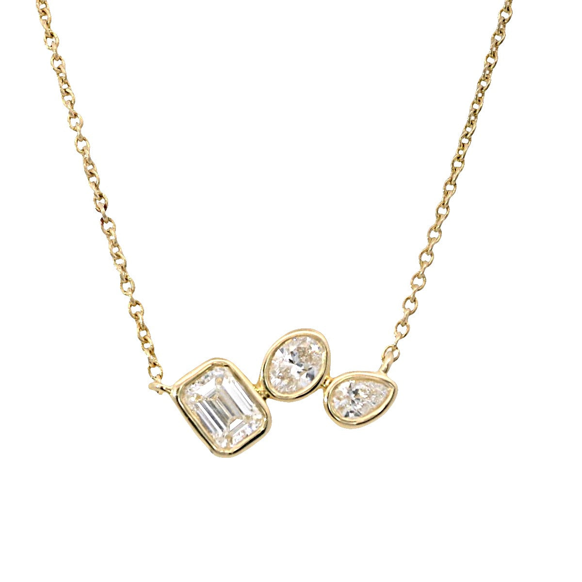 14Kt Yellow Gold Bubble Pendant with 3 Natural Bezel Set Mixed Shape Diamonds