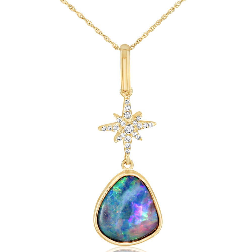 14Kt Yellow Gold Australian Opal Pendant with Natural Diamond Star