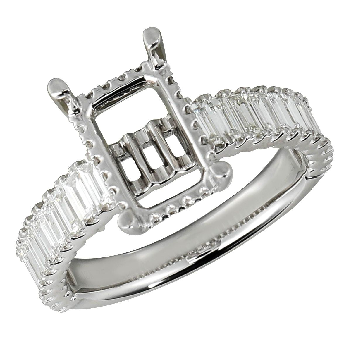 18Kt White Gold Baguette Diamond Band and Round Diamond Hidden Halo Engagement Ring Mounting