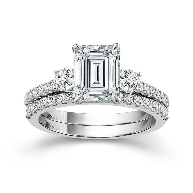14kt White Gold Engagement and Wedding  Band Set With 1ct Emerald-Cut Center Natural Diamond