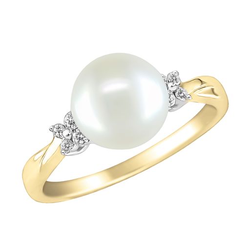 14Kt Yellow  White Gold Ring With 7.5mm Akoya Cultured Pearl and Diamond