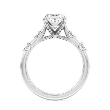 White gold engagement ring with oval-cut diamond solitaire and pavé diamond band.