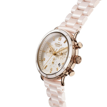 Shinola Canfield Sport Chronograph Blush Ceramic Strap 40mm Mother of Pearl Dial 5040.D Argonite Quartz Watch