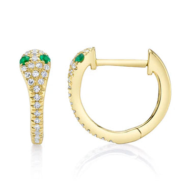 Shy Creation 14Kt Yellow Gold Emerald and Diamond Snake Hinged Huggie Earrings