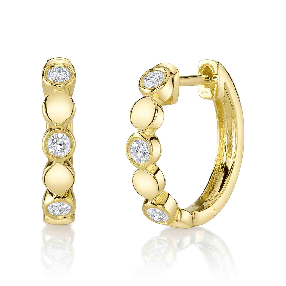 Shy Creation 14Kt Yellow Gold Bezel-Set Natural Diamond Huggie Hoop Earrings