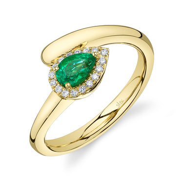 Shy Creation 14Kt Yellow Gold 0.38ct Pear-Shape Emerald & 0.08cttw Diamond Bypass Ring