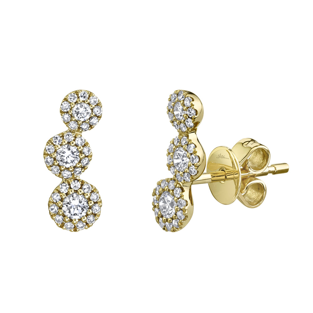 Shy Creation 14Kt Yellow Gold Triple Halo Diamond Ear Crawler Stud Earrings