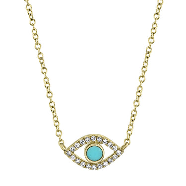 Shy Creation 14kt Yellow Gold Protective Eye Necklace with Composite Turquoise and .06cttw Diamonds (H Color - Si2 Clarity) on 16-18" Adjustable Chain