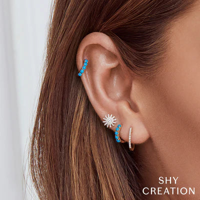 Shy Creation 14Kt Yellow Gold Turquoise Huggie Hoop Earrings