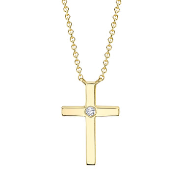 Shy Creation 14Kt Yellow Gold Cross Necklace with One Round 0.03ct Natural Diamond on a 18" Adjustable Chain