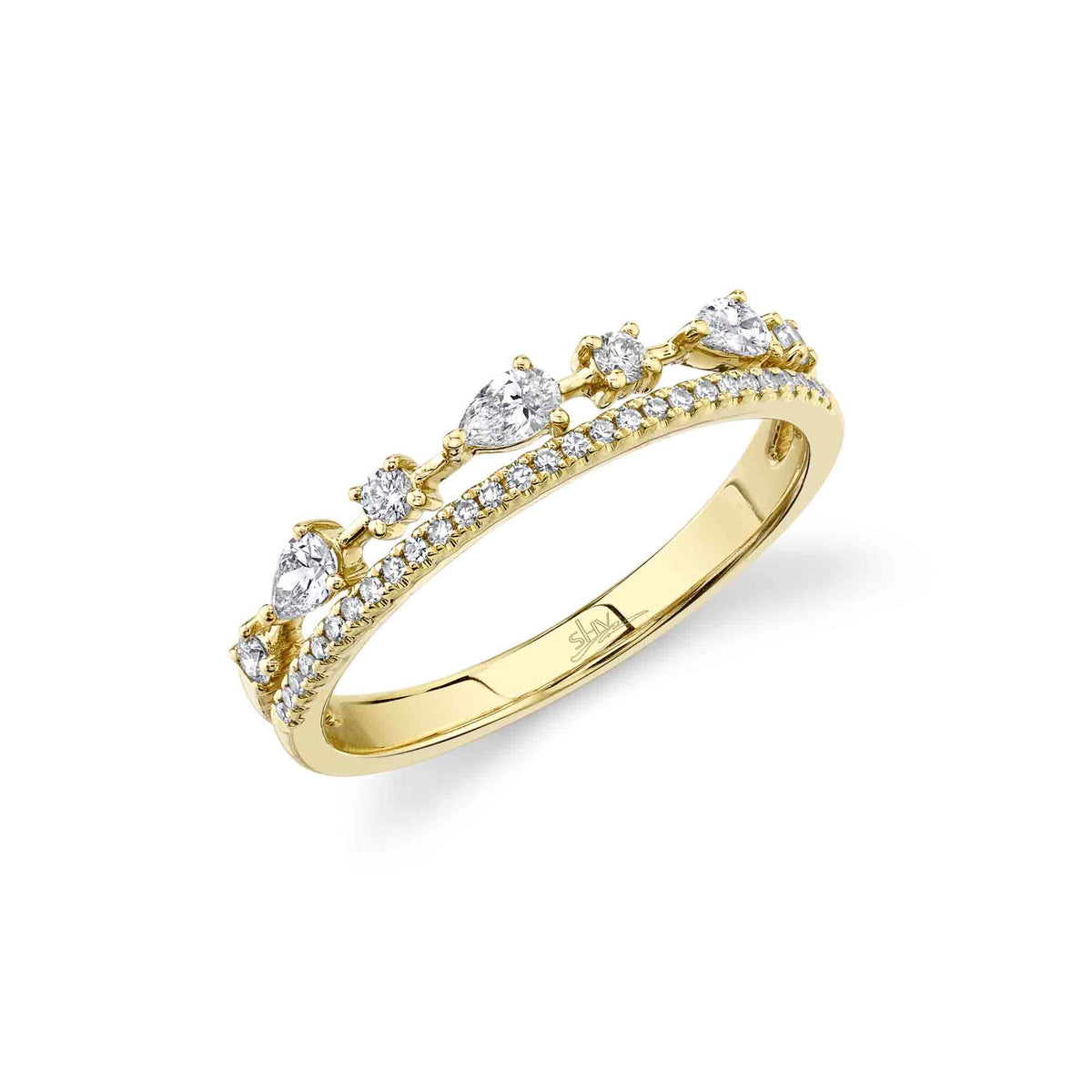 Shy Creation 14Kt Yellow Gold Double Row 0.37cttw Round & Pear Diamond Ring