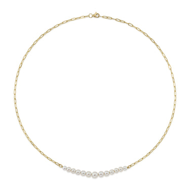 Shy Creation 14kt Yellow Gold Paper Clip Link Chain with 13 Graduate Cultured Pearls in the Center - 18" With Lobster Clasp