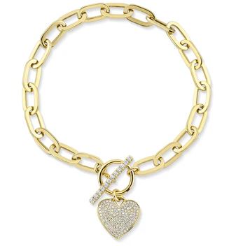 Shy Creation 14Kt Yellow Gold Paperclip Bracelet With .41cttw Pave Set Heart Dangle