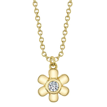 Shy Creation 14Kt Yellow Gold Bezel Flower Pendant with one 0.06ct Natural Diamond on a 18" Adjustable Ball Chain