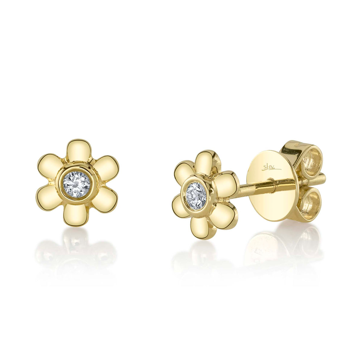 Shy Creation 14Kt Yellow Gold Diamond Bezel Flower Stud Earrings