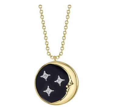 Shy Creation Crescent Moon 14mm Necklace With Black Onyx Inlay And Diamond Accent