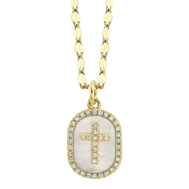 Shy Creation 14Kt Yellow Gold Oval Pendant 0.95ct Mother of Pearl Inlay and 0.95cttw Natural Diamond Cross on a 18" Sparkle Chain
