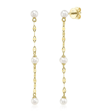 Shy Creation 14Kt Yellow Gold Cultured Pearl Sparkle Chain Earrings