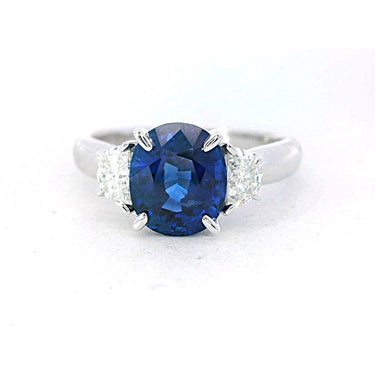 18Kt White Gold 3 Stone Ring with Natural Cushion Cut Sapphire Half Moon Diamonds