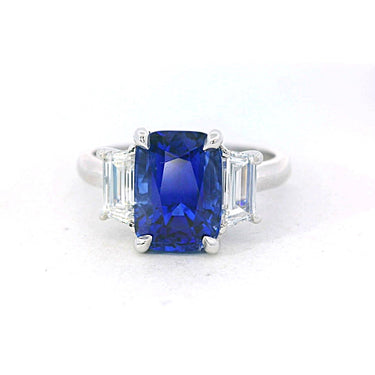 18Kt White Gold 3 Stone Ring with Natural Elongated Cushion Cut Sapphire