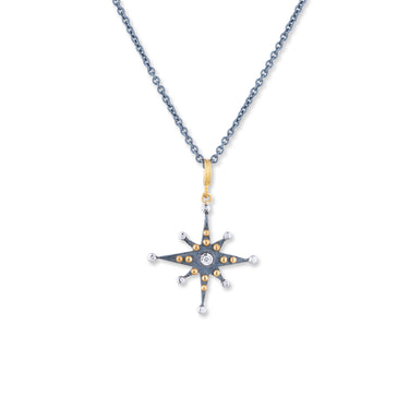 Lika Behar 24K Gold & Oxidized Sterling Silver 0.08cttw Diamond Set in 18Kt White Gold Starburst Pendant - Chain Sold Separately