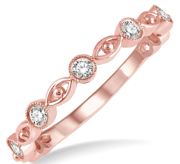 14kt Rose Gold Stackable Marquise Shape and Milgrain Round Bezel-Set Diamond Anniversary Band