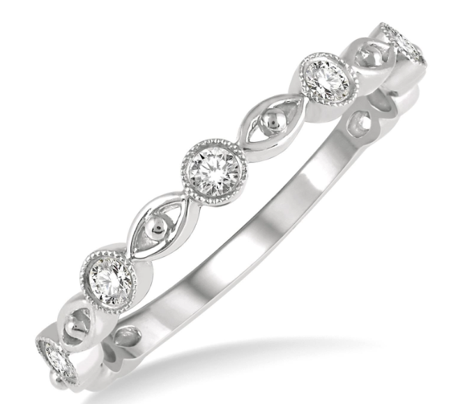 14kt White Gold Stackable Marquise Shape and Milgrain Round Bezel-Set Diamond Anniversary Band