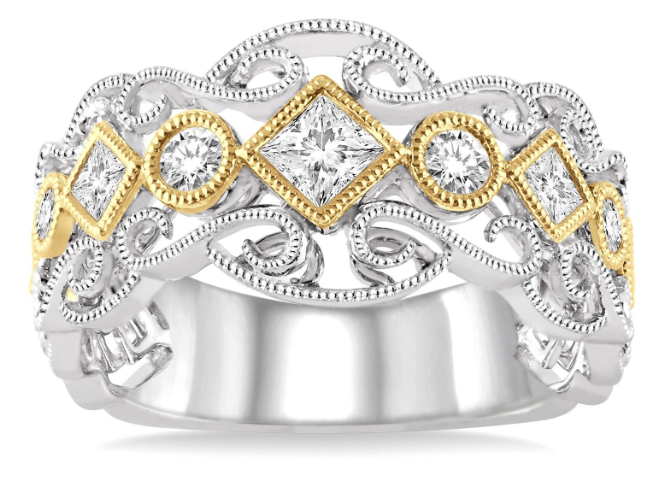 14kt White and Yellow Gold Bezel and Milgrain Swirl Diamond Fashion Ring