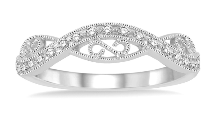 14kt White Gold Curved Milgrain and Swirl Diamond Fashion Band