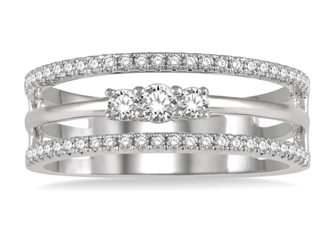 14kt White Gold Triple Row 3-Stone Diamond Fashion Ring