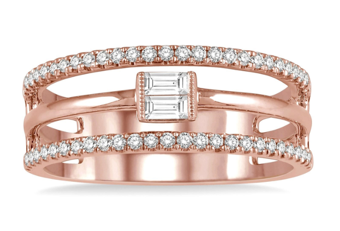 14kt Rose Gold Triple Row Channel-Set Center Diamond Fashion Ring