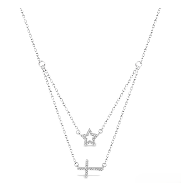 10kt White Gold Star & Cross Layered Diamond Fashion Pendant