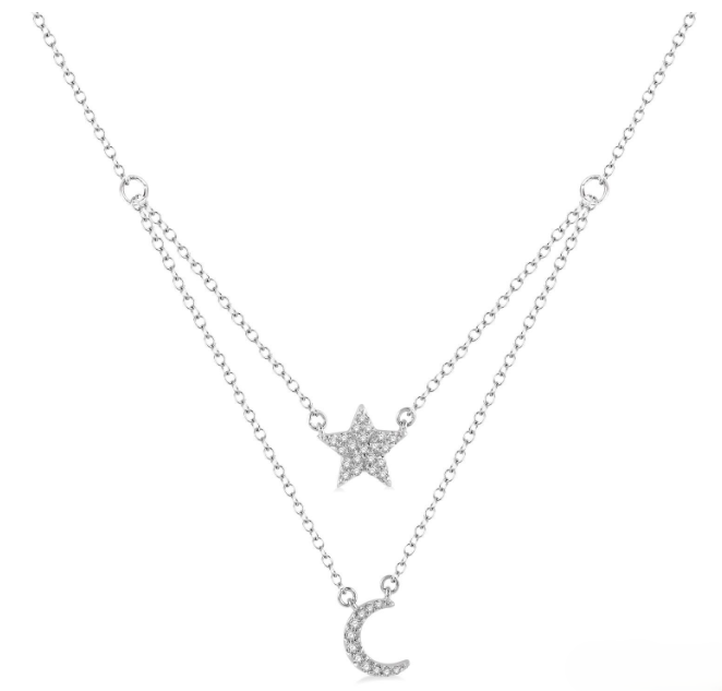 10kt White Gold Star & Moon Layered Diamond Fashion Pendant