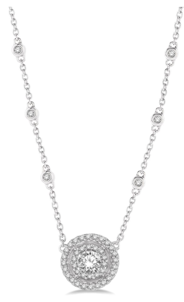 14kt White Gold Double Halo Diamond Pendant on a Diamonds-By-the-Yard Chain