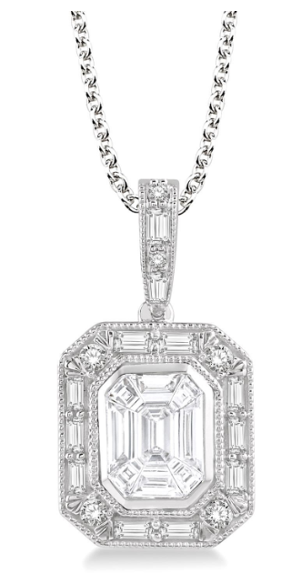 14kt White Gold Emerald Shape Halo Fusion Diamond Pendant