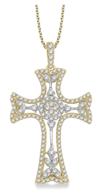 14kt Yellow and White Gold Halo Cross Diamond Pendant