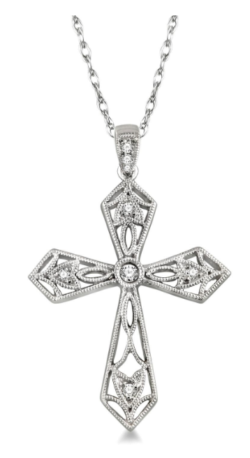 14kt White Gold Milgrain Bezel-Set Diamond Cross Pendant