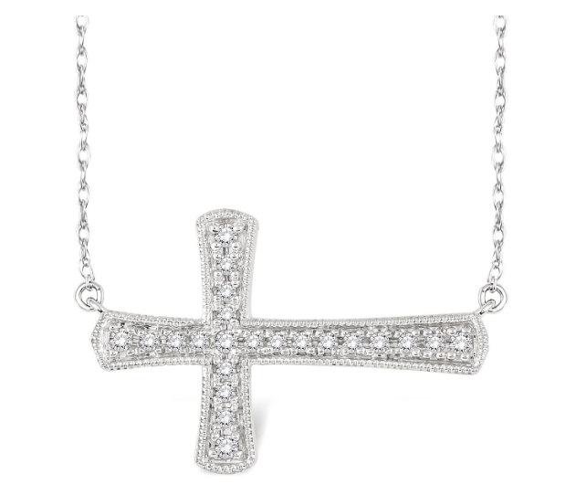 10kt White Gold Sideway Milgrain Diamond Cross Pendant