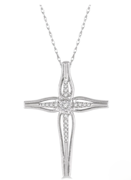 10kt White Gold Milgrain Tapered Cross Diamond Pendant