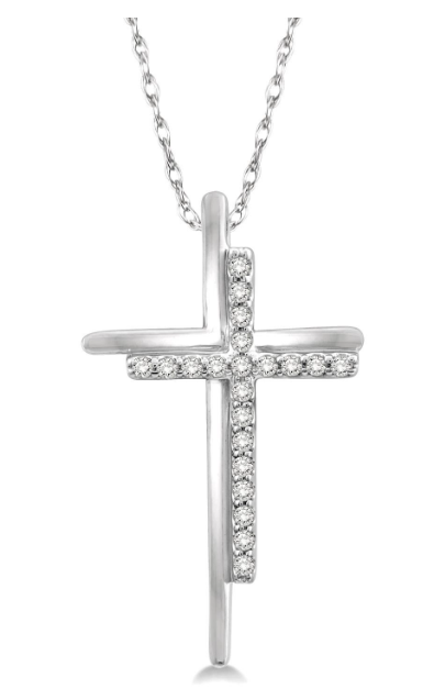 10kt White Gold Double Cross Diamond Pendant