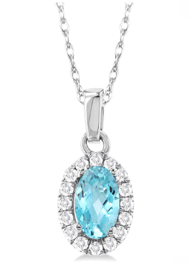 10Kt White Gold Center Of My World Halo Pendant with Aquamarine and Natural Diamonds