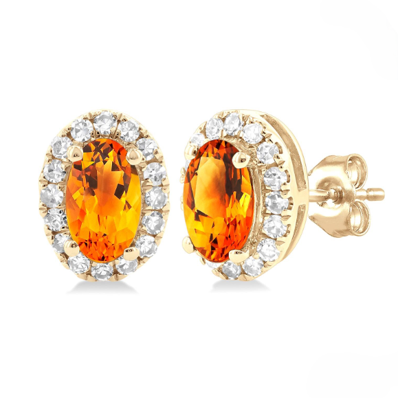 10Kt White Gold Oval Citrine Diamond Halo Stud Earrings