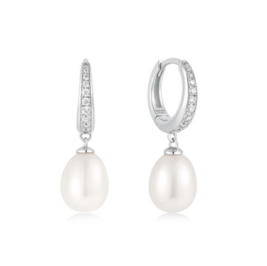 Ania Haie Sterling Silver Freshwater Pearl and White Cubic Zirconia Pavé Drop Huggies