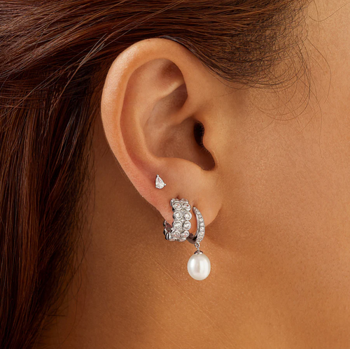 Ania Haie Sterling Silver Freshwater Pearl and White Cubic Zirconia Pavé Drop Huggies