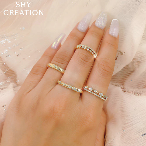 Shy Creation 14Kt Yellow Gold Double Row 0.37cttw Round & Pear Diamond Ring
