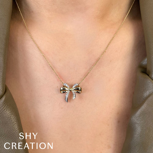 Shy Creation 14Kt Yellow Gold Diamond Bow Pendant